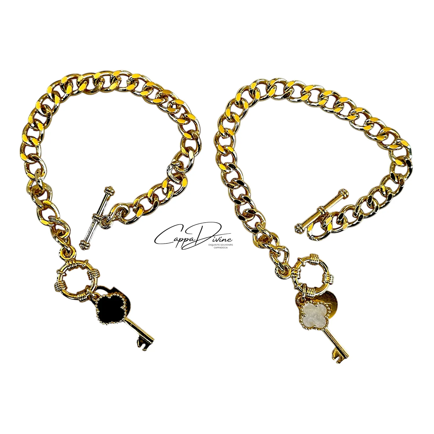 Steel Curb Link Bracelet with a Clove Key Design