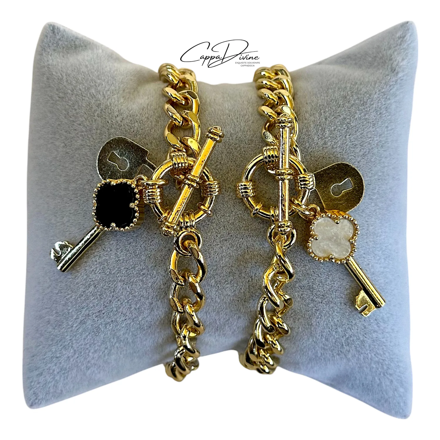 Steel Curb Link Bracelet with a Clove Key Design