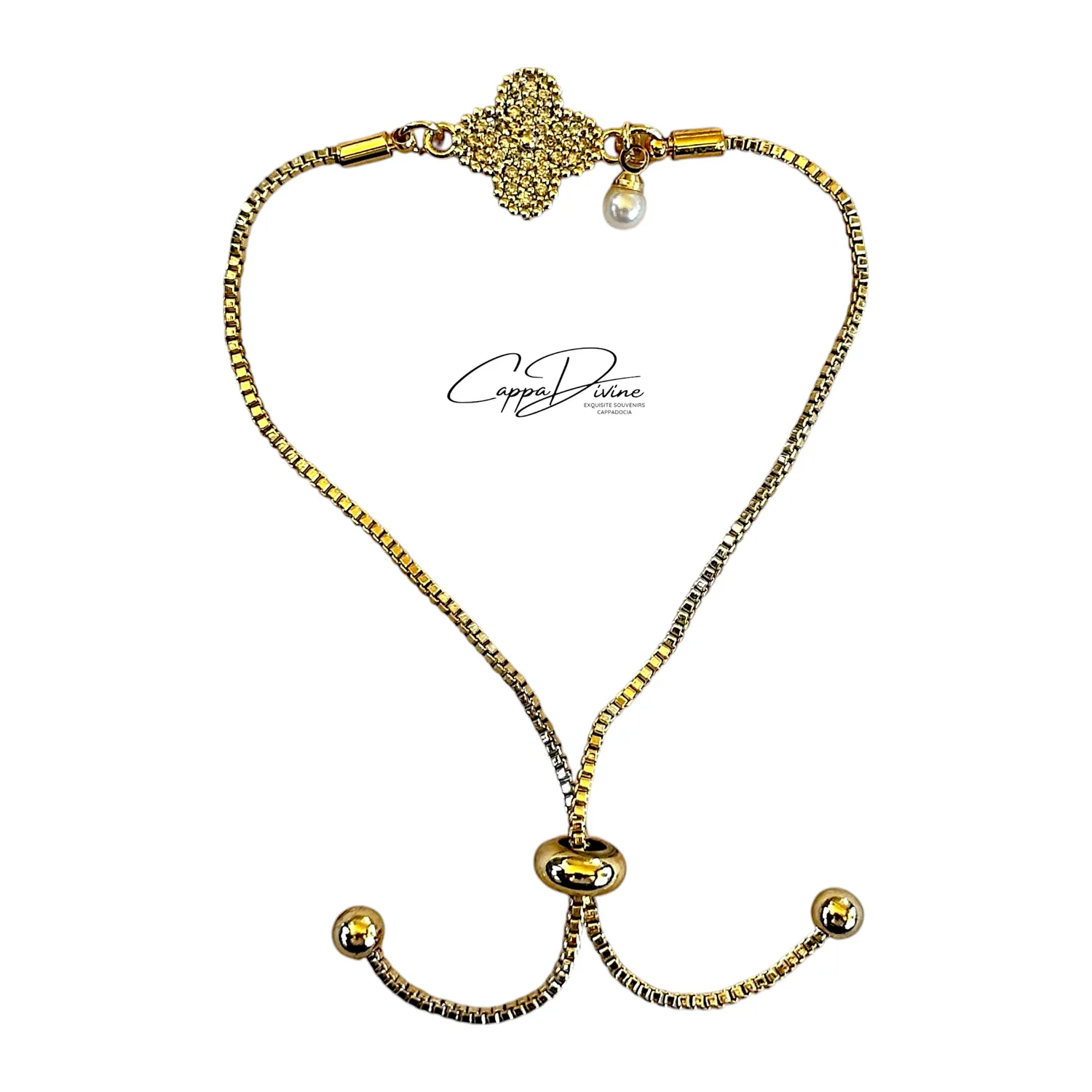 Adjustable Golden Clove Bracelet with a Pearl Droplet