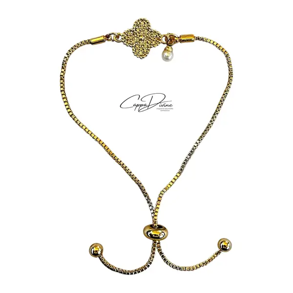 Adjustable Golden Clove Bracelet with a Pearl Droplet