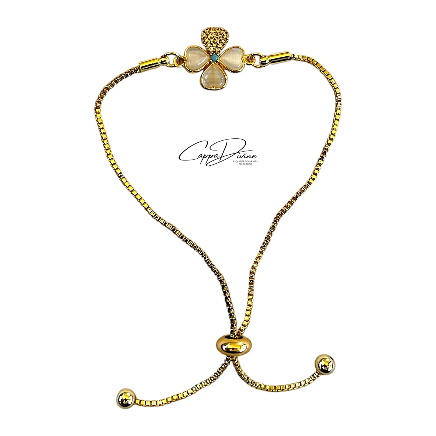 Adjustable Golden Clover Bracelet with Mother Pearl Detail