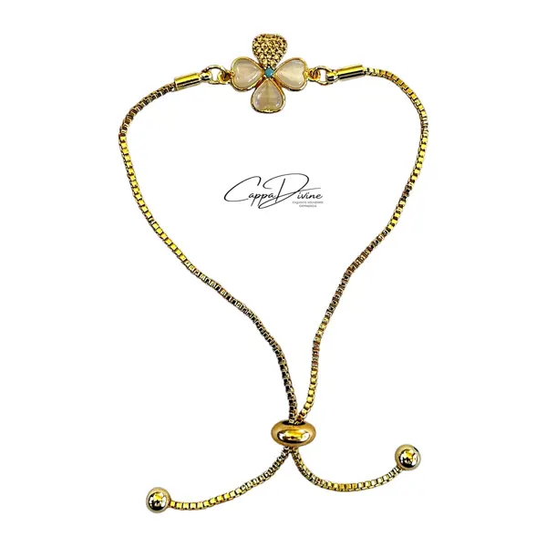 Adjustable Golden Clover Bracelet with Mother Pearl Detail