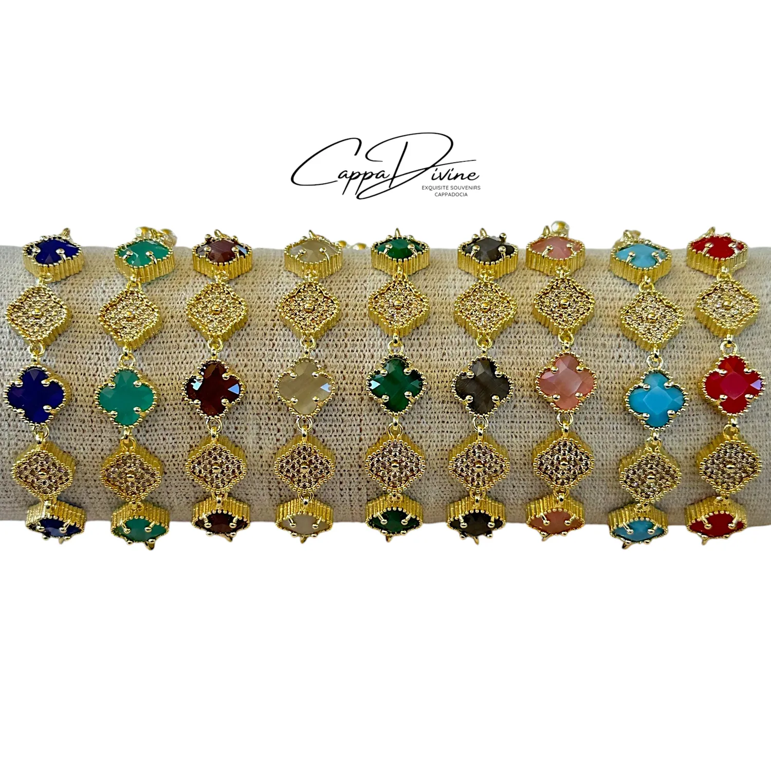 Adjustable Golden Steel Bracelet – Clove Design with Crystal Stones and Engravings