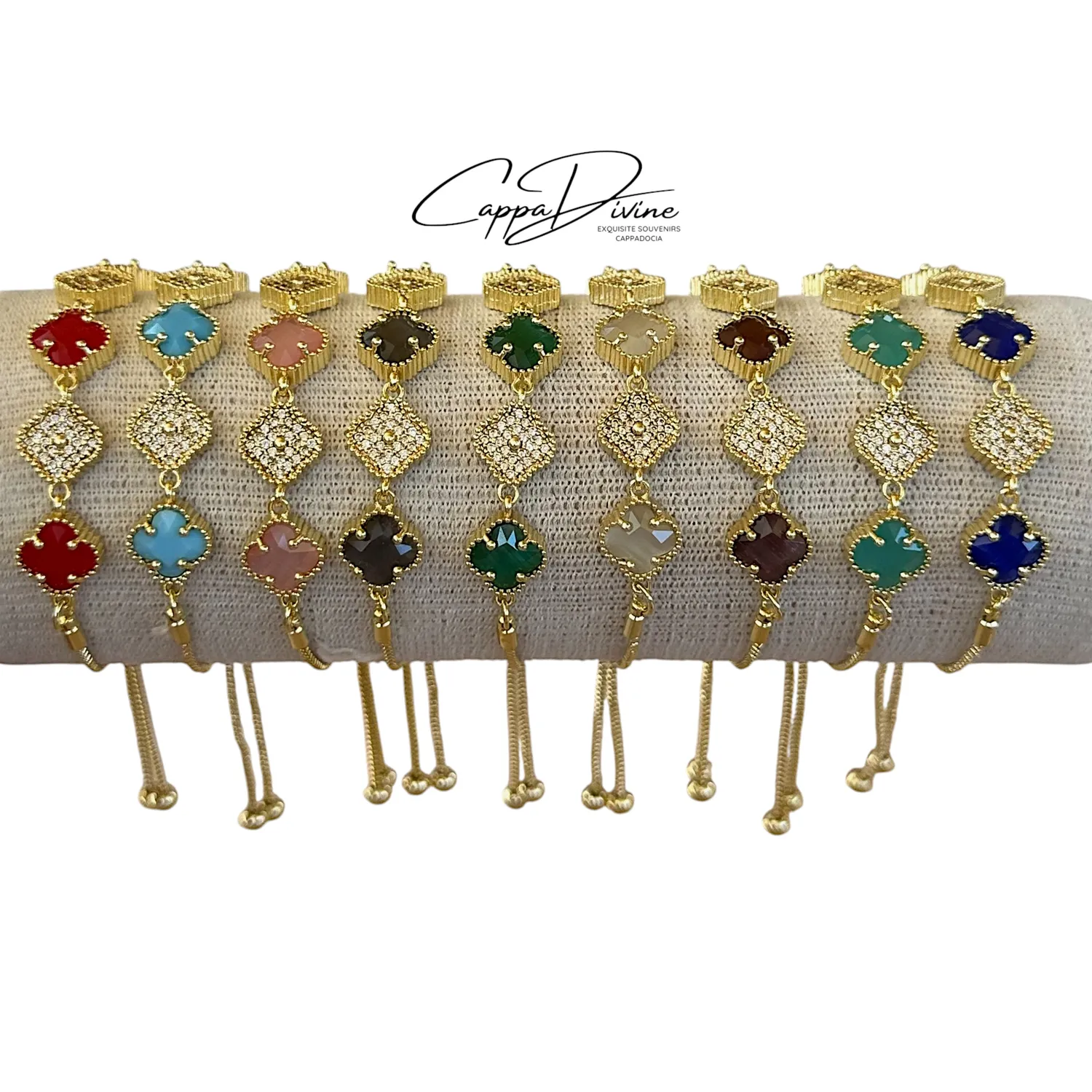 Adjustable Golden Steel Bracelet – Clove Design with Crystal Stones and Engravings