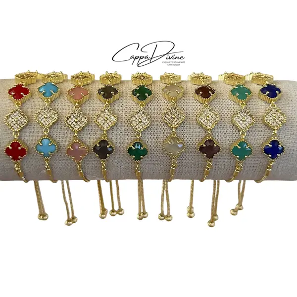 Adjustable Golden Steel Bracelet – Clove Design with Crystal Stones and Engravings