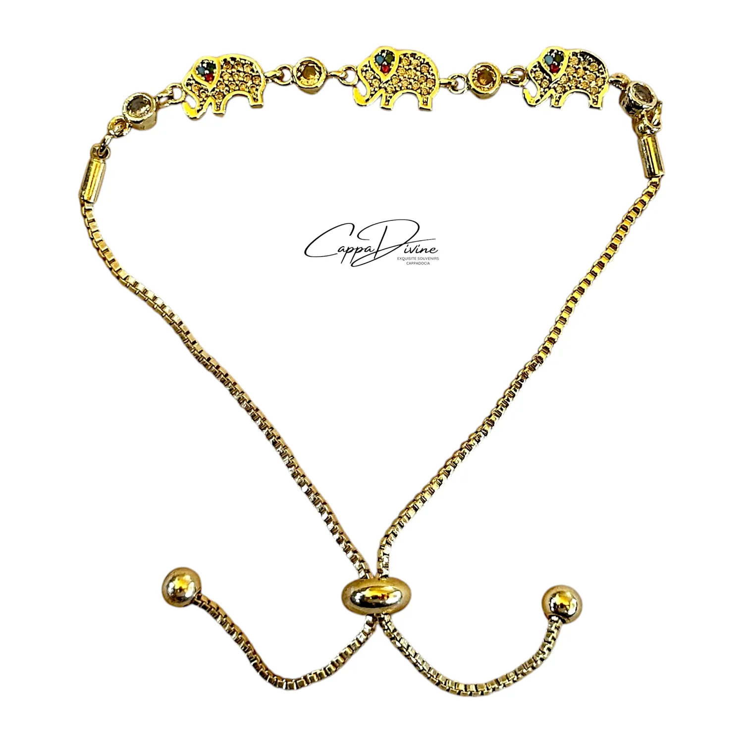 Adjustable Golden Steel Bracelet – Elephant Design with Colorful Crystal Engravings