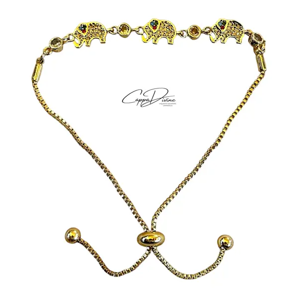 Adjustable Golden Steel Bracelet – Elephant Design with Colorful Crystal Engravings