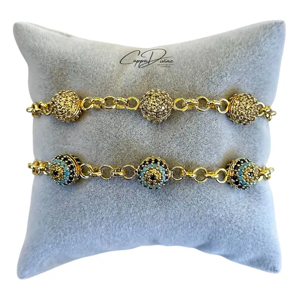 Steel Cable Link Bracelet – Round Eye Ball Design with Crystal Engravings