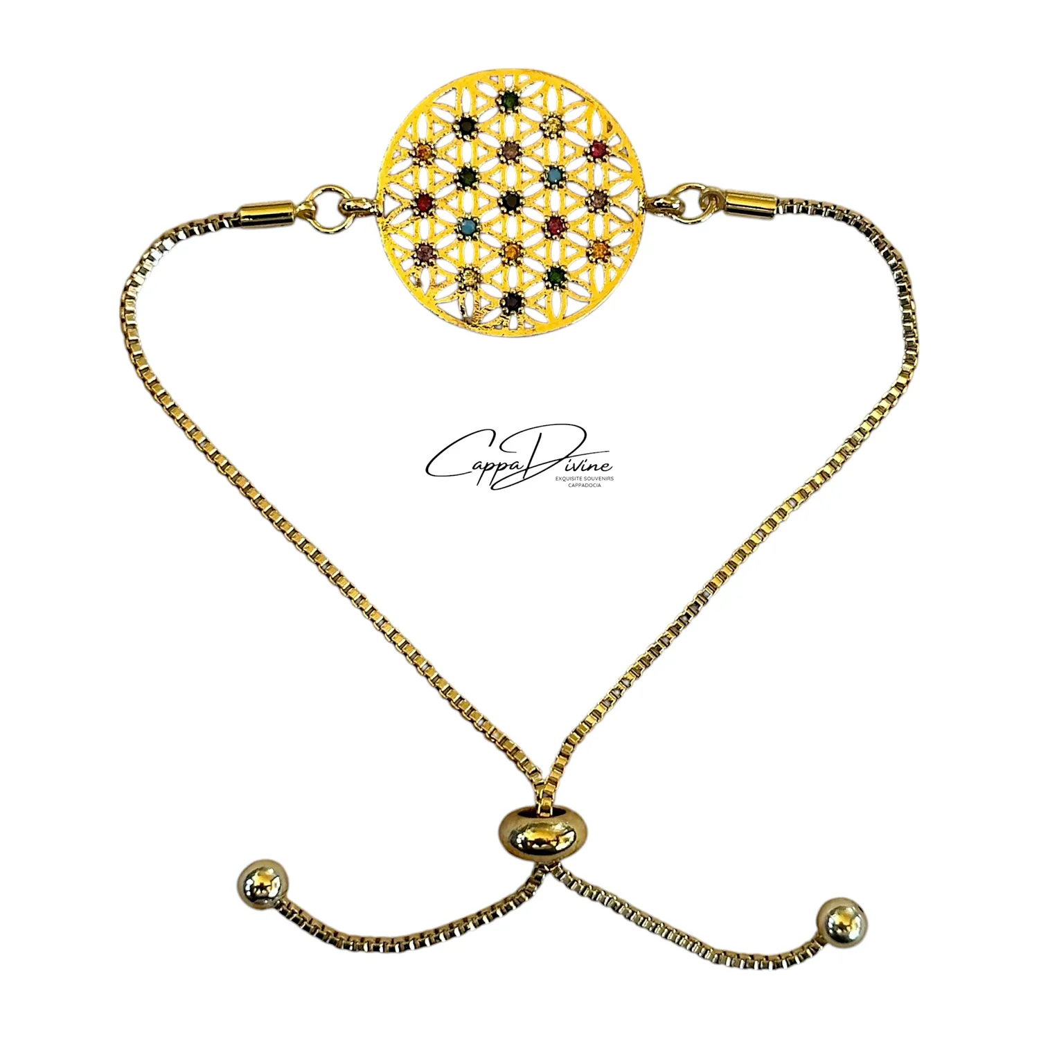 Adjustable Golden Steel Bracelet – Flower of Life Design with Colorful Crystal Engravings