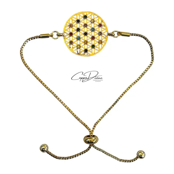 Adjustable Golden Steel Bracelet – Flower of Life Design with Colorful Crystal Engravings