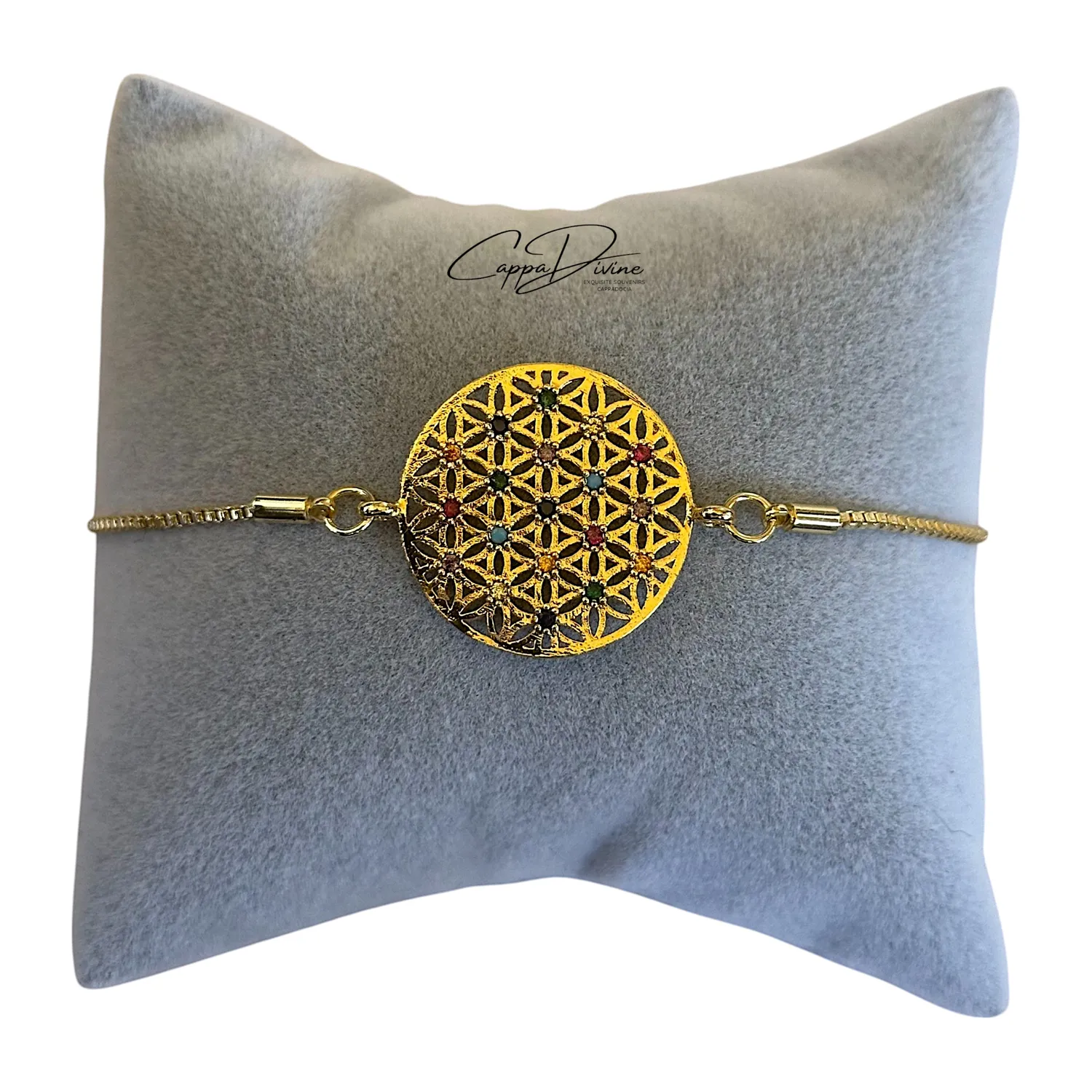 Adjustable Golden Steel Bracelet – Flower of Life Design with Colorful Crystal Engravings