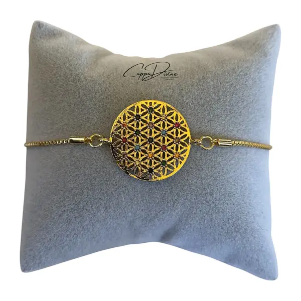 Adjustable Golden Steel Bracelet – Flower of Life Design with Colorful Crystal Engravings
