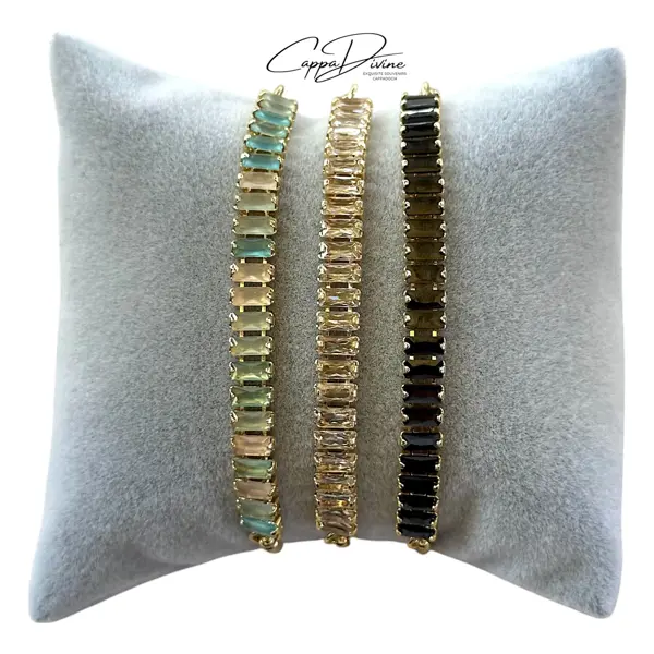 Adjustable Golden Steel Bracelet with Inline Baguette Crystal Stones