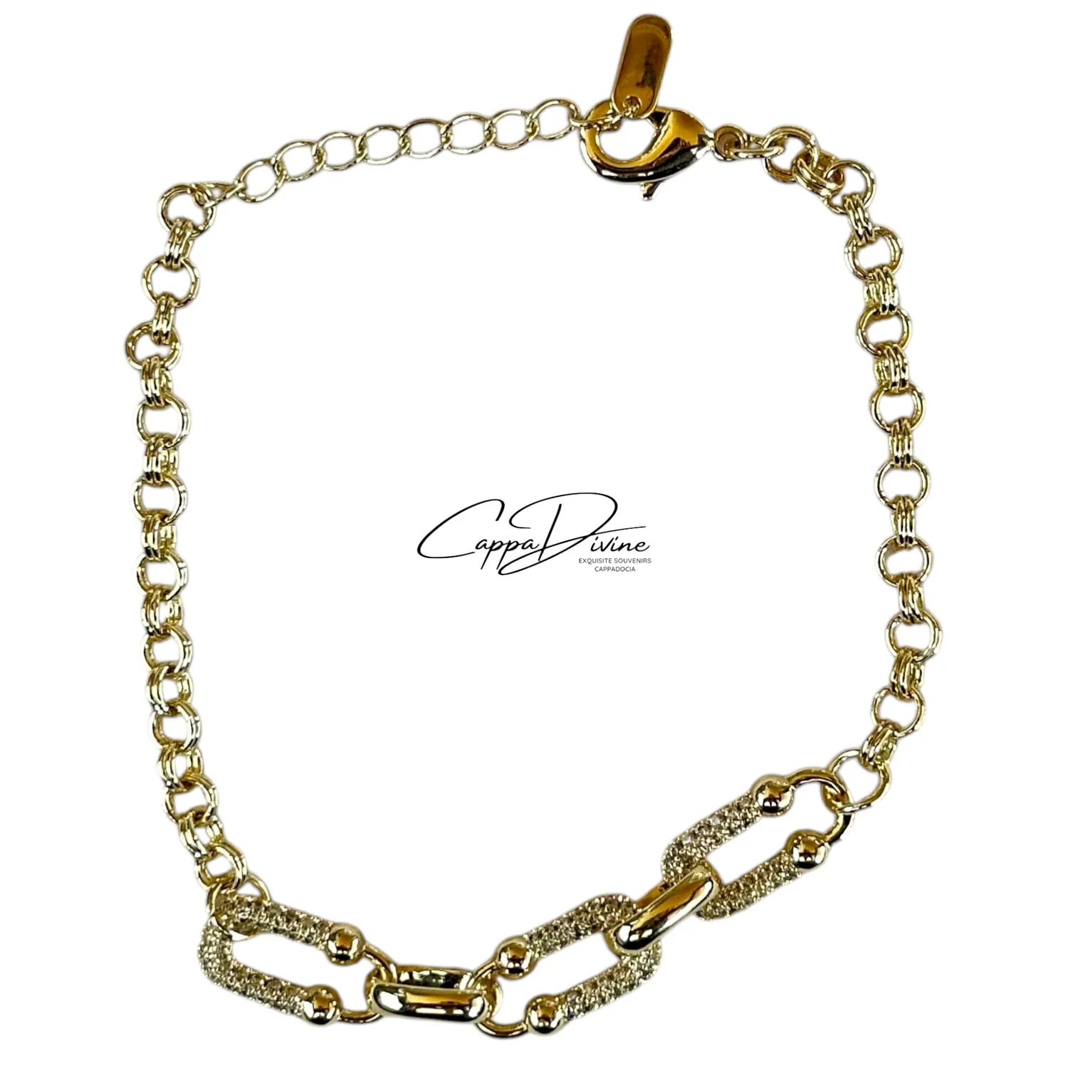 Golden Steel Bracelet – Linked Paperclip Design with Crystal Engravings