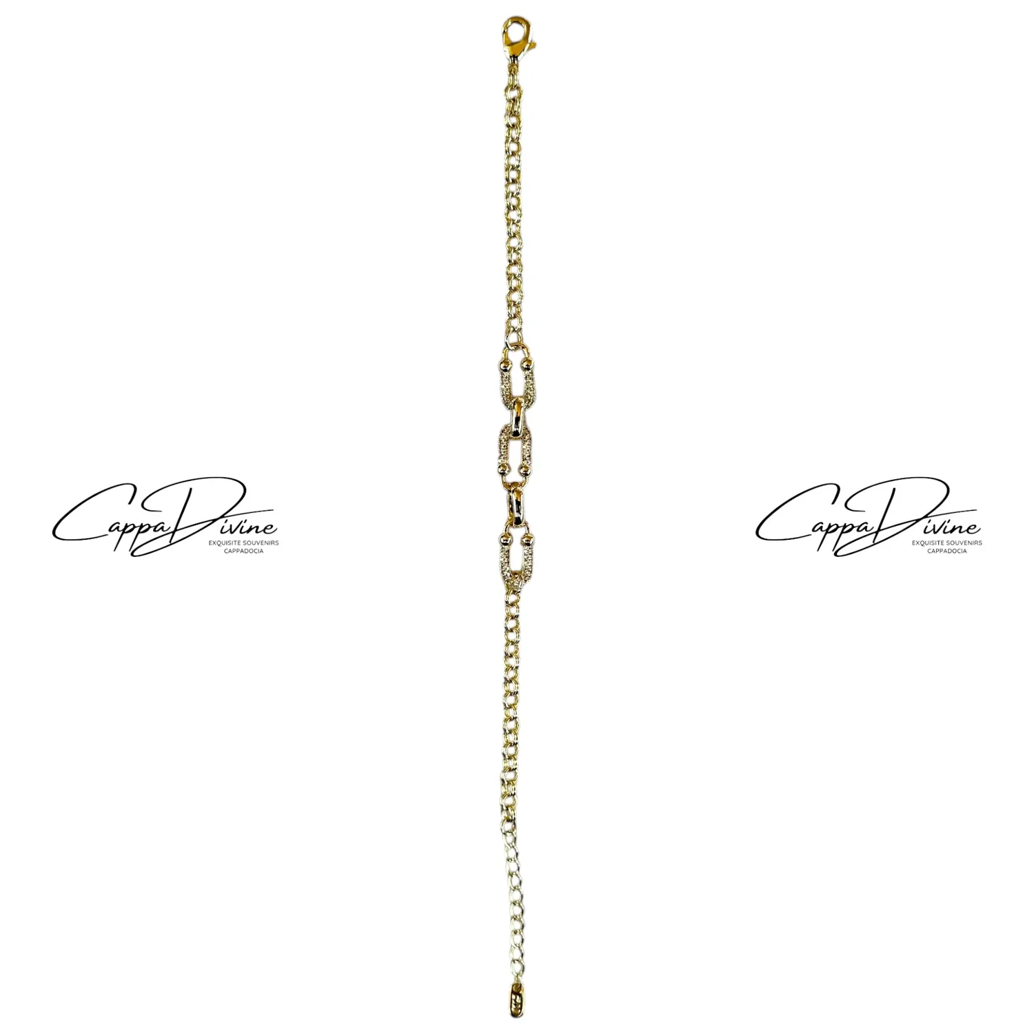 Golden Steel Bracelet – Linked Paperclip Design with Crystal Engravings