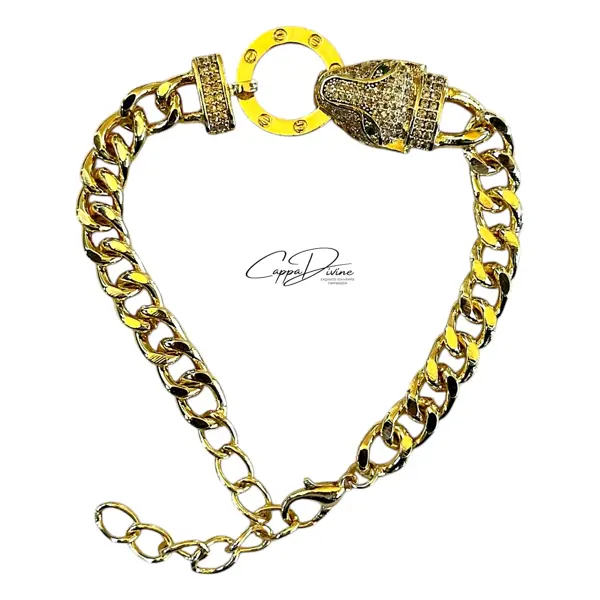 Golden Steel Bracelet – Snake Head Design with Crystal Engravings