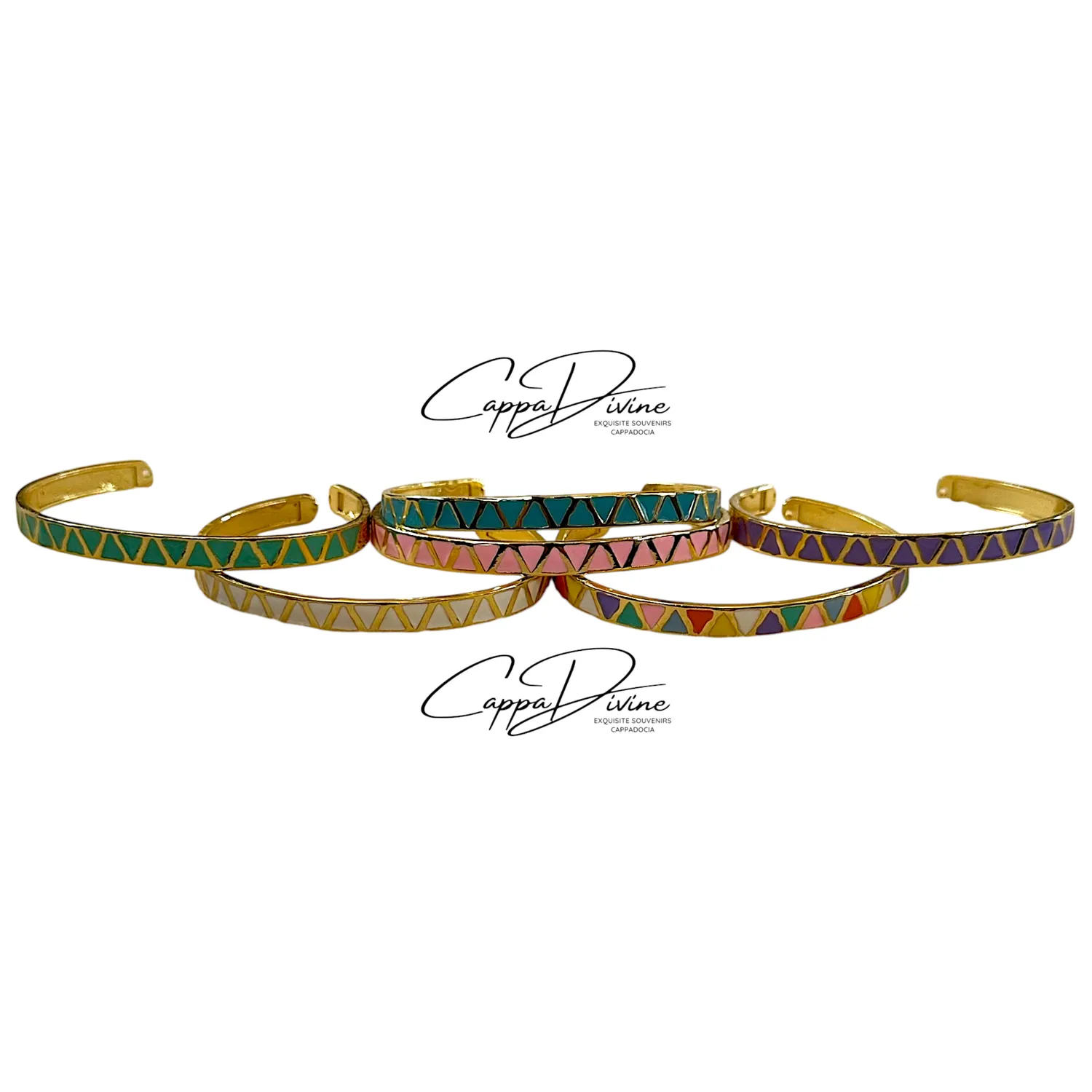 Adjustable Golden Steel Bracelet – Triangles with Colorful Enamel