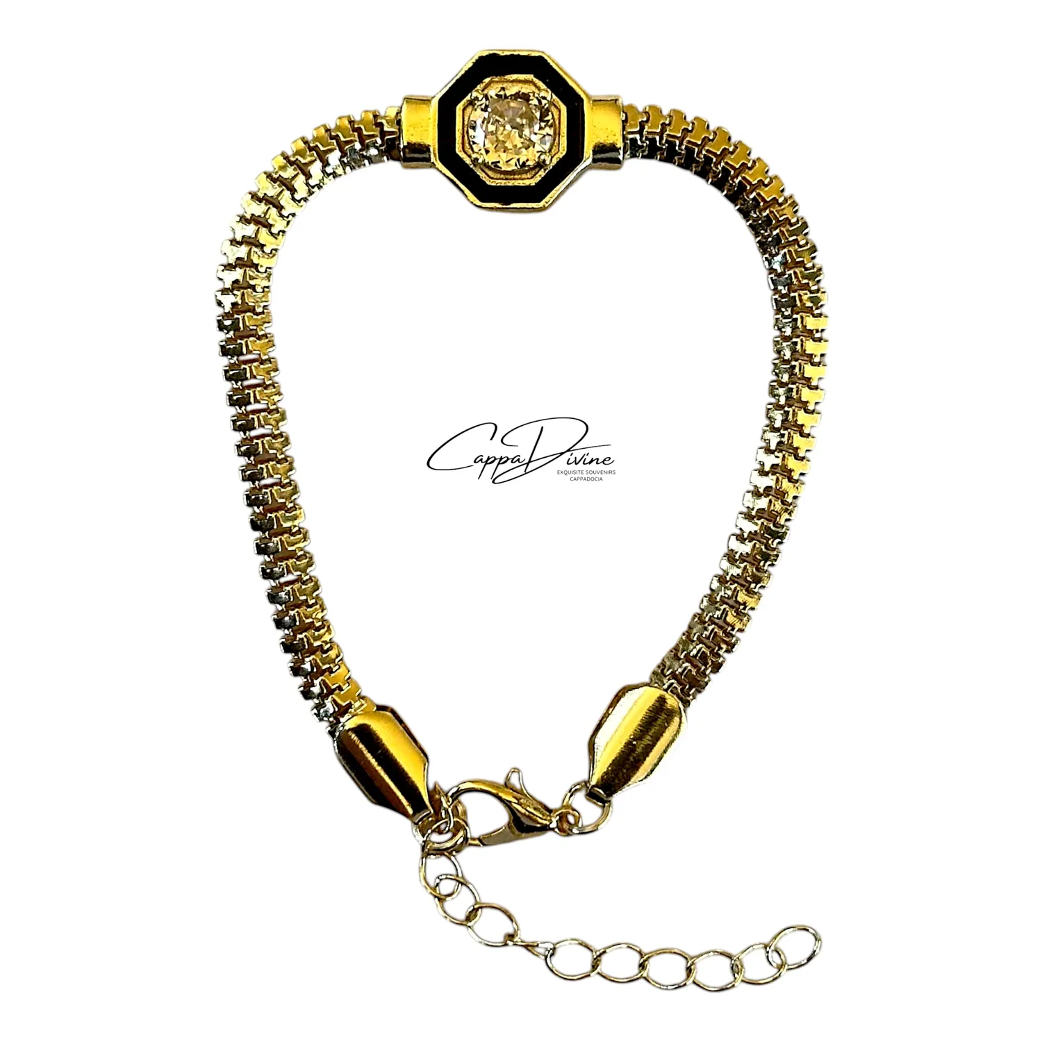 Golden Steel Bracelet – Wicker Design with Crystal