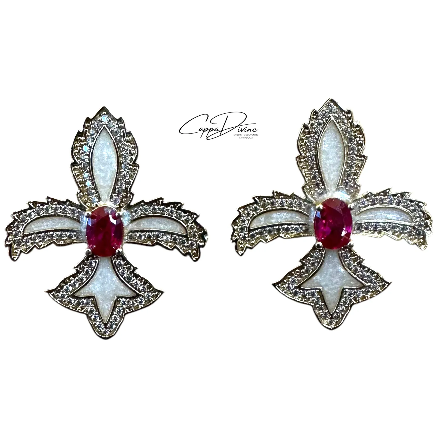 Steel Earring – Fleur de Lis Design with Colorful Enamel and Crystal Stone