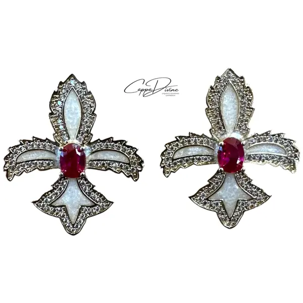Steel Earring – Fleur de Lis Design with Colorful Enamel and Crystal Stone