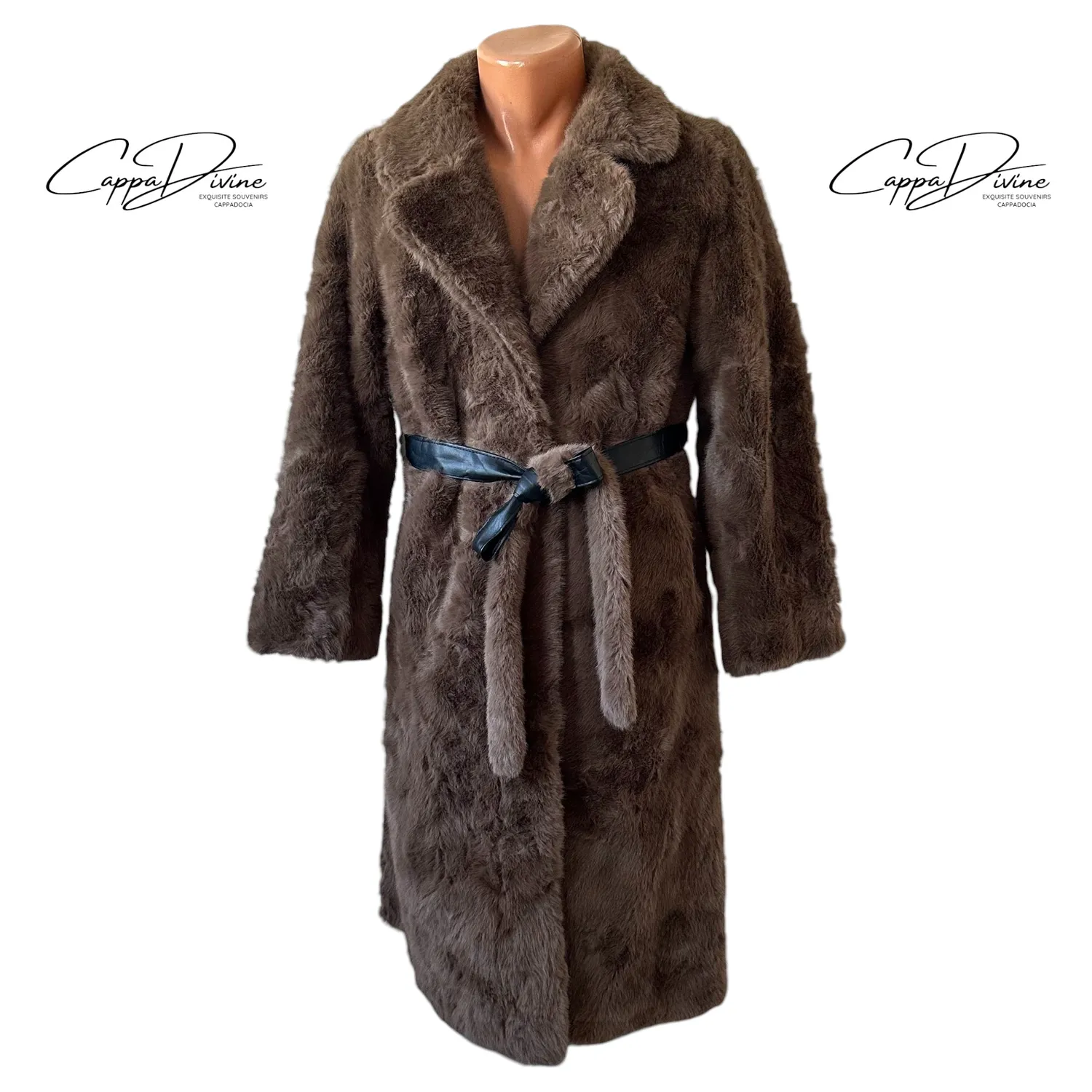 Leather Belted Angora Fur Coat – Plain & Long