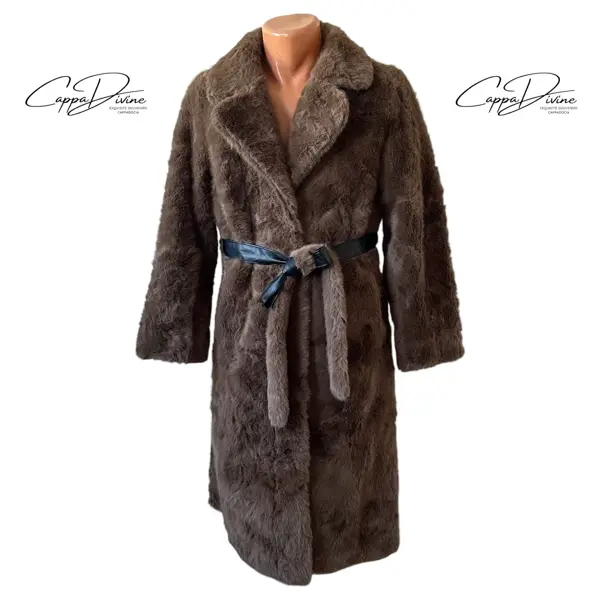 Leather Belted Angora Fur Coat – Plain & Long