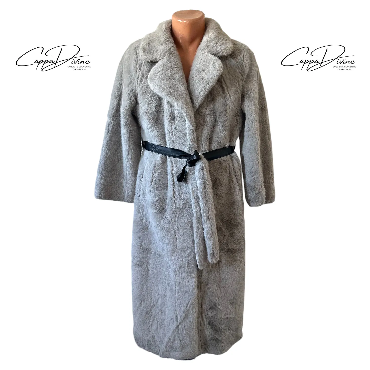 Leather Belted Angora Fur Coat – Plain & Long