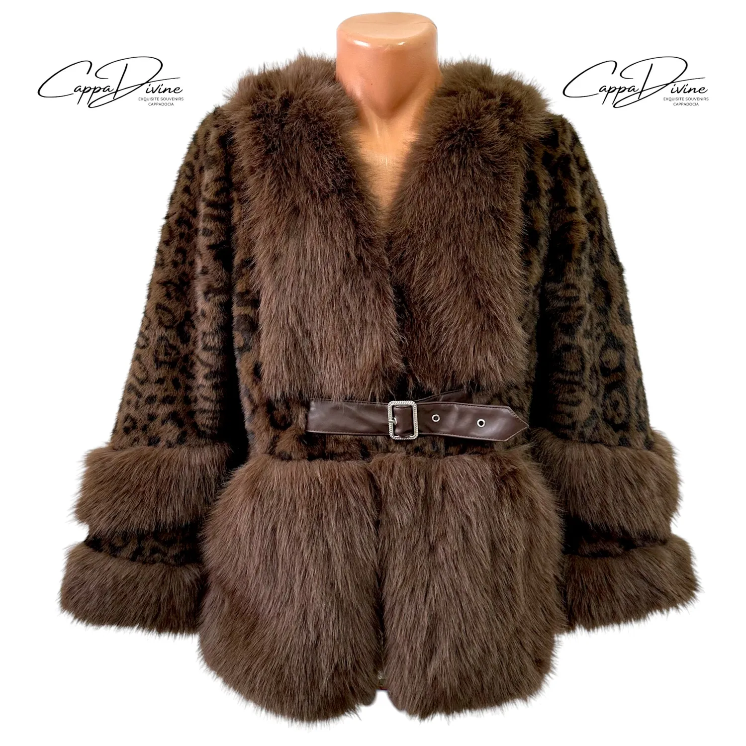 Short Angora Fur Coat – Leopard Design & Leather Belted