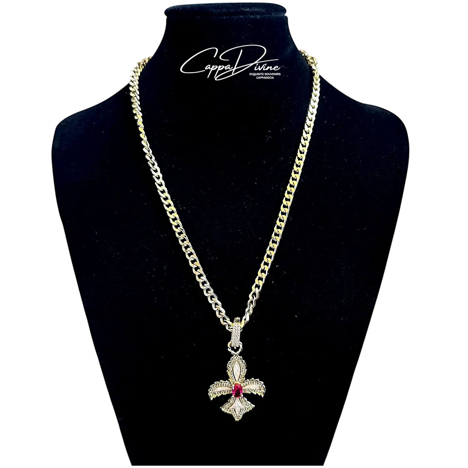 Golden Steel Necklace – Fleur De Lis with Crystal Stone