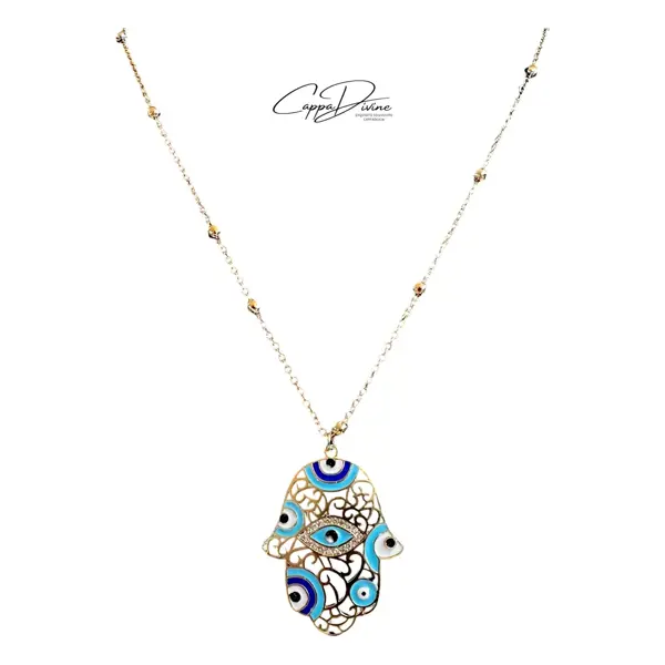 Golden Steel Necklace – Hand of Fatima with Evil Eye Design
