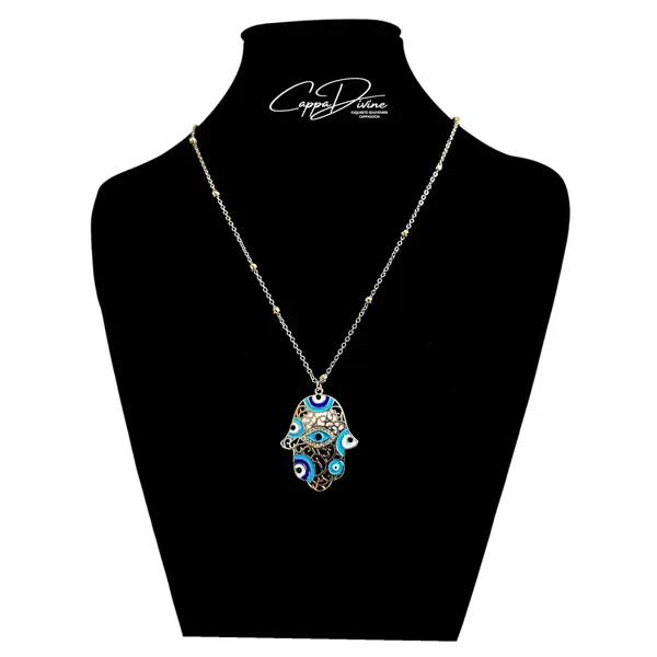 Golden Steel Necklace – Hand of Fatima with Evil Eye Design