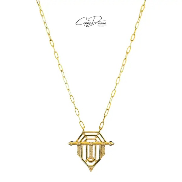 Golden Steel Necklace – Knight Doublet Design with Crystal Engravings