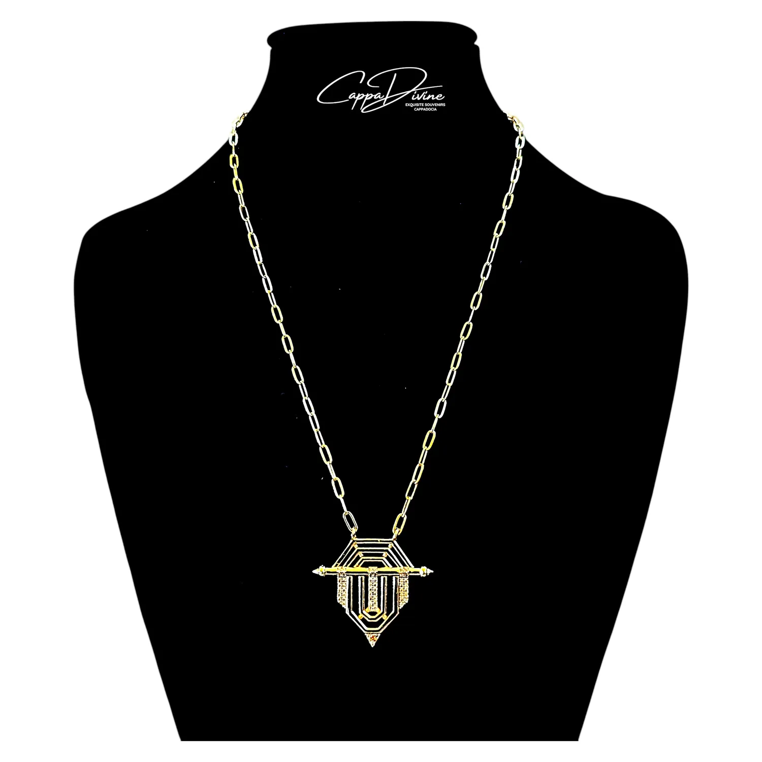 Golden Steel Necklace – Knight Doublet Design with Crystal Engravings