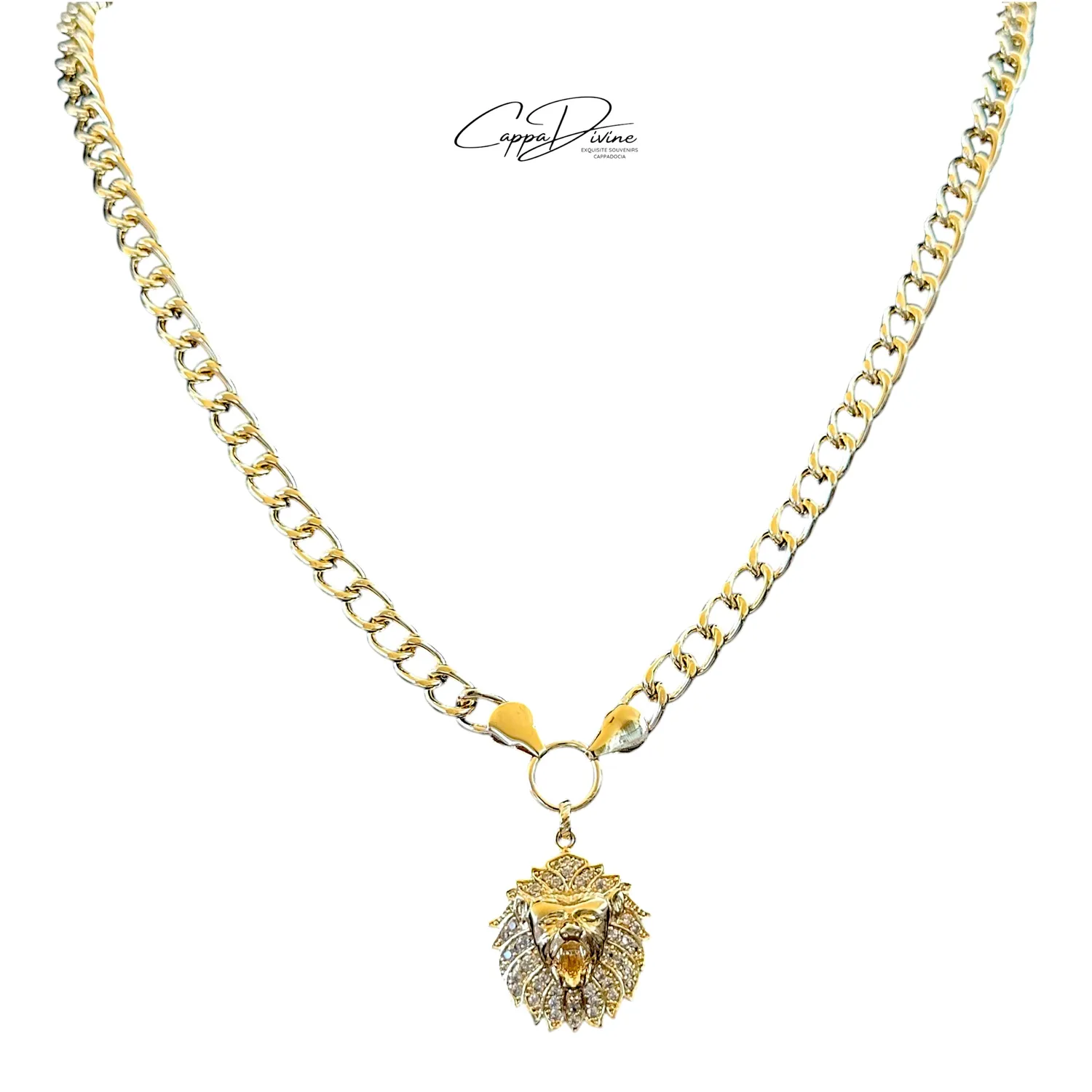 Golden Steel Necklace – Lion Head Design with Crystal Engravings