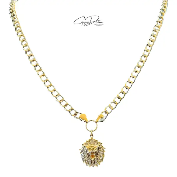 Golden Steel Necklace – Lion Head Design with Crystal Engravings