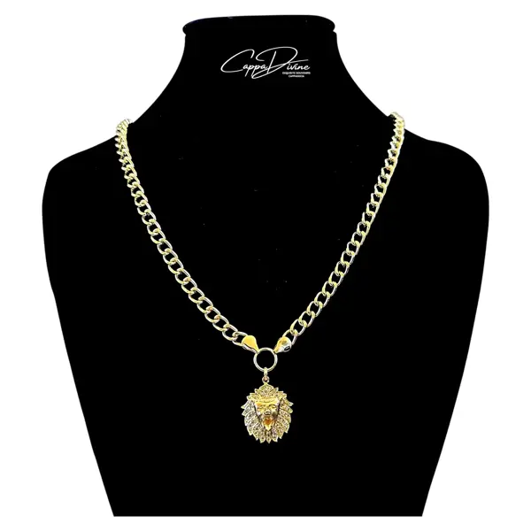 Golden Steel Necklace – Lion Head Design with Crystal Engravings