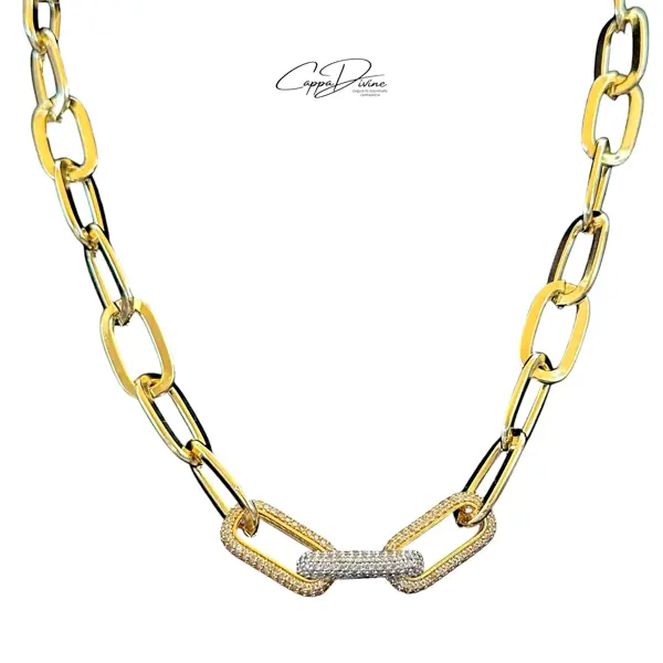 Golden Steel Necklace – Paperclip Design with Crystal Engravings