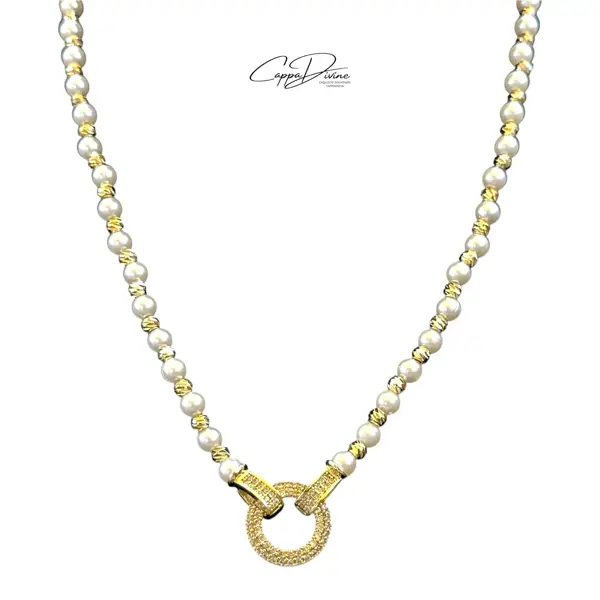 Pearl Bead Necklace with Crystal Engravings