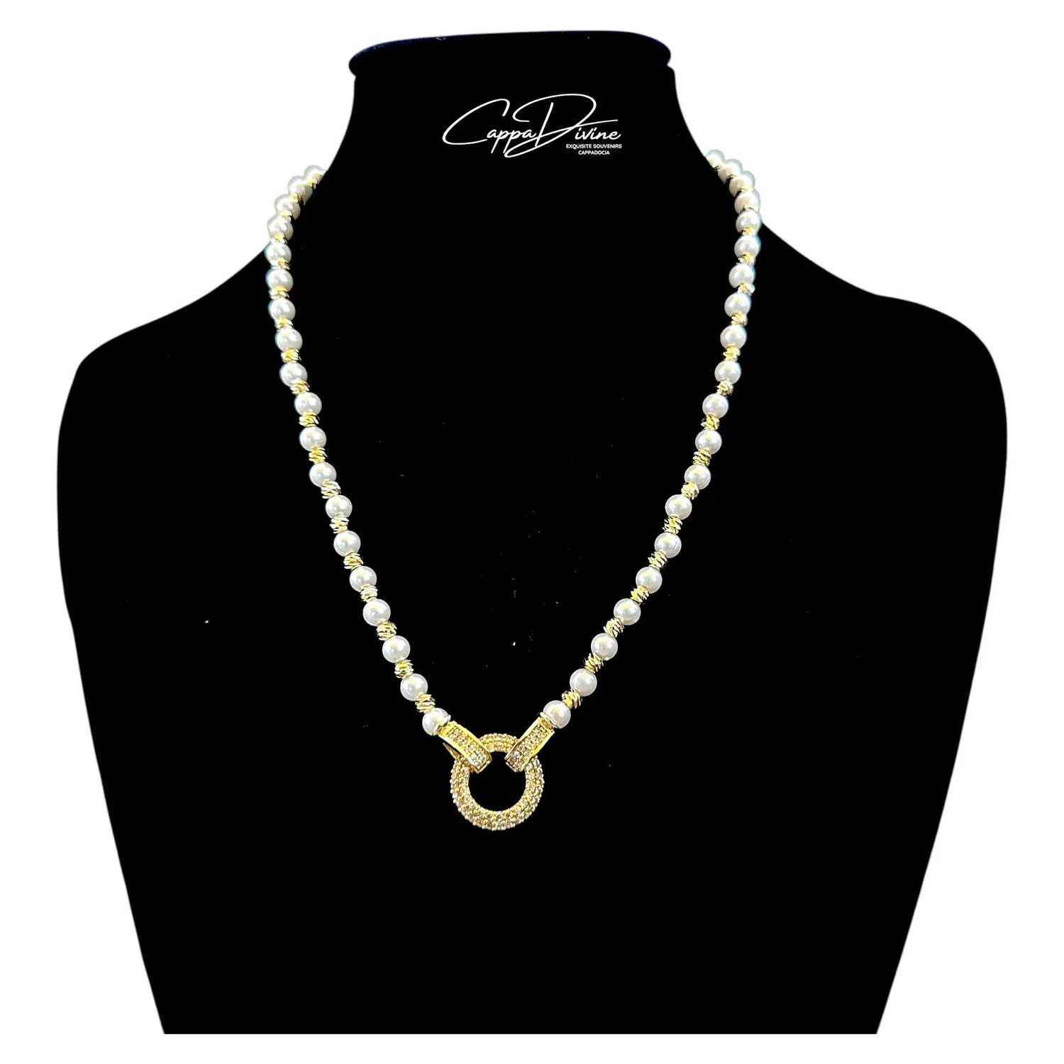 Pearl Bead Necklace with Crystal Engravings