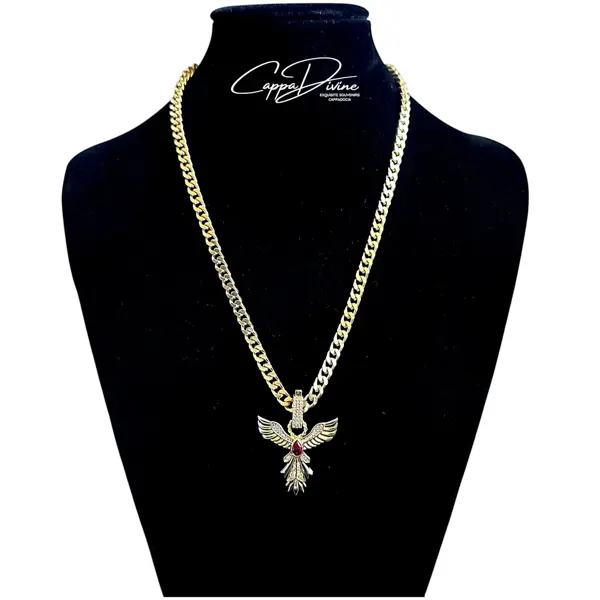 Golden Steel Necklace – Simurg with Crystal Stone