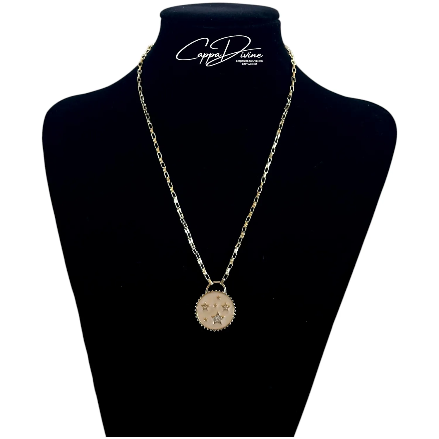 Golden Steel Necklace – Starry Sun Pendant Design with Enamel