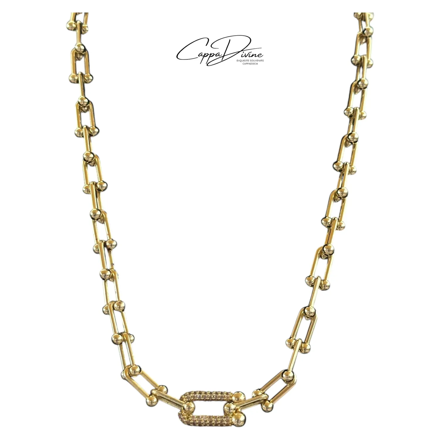 Golden Steel Necklace – Link Design with Crystal Engravings