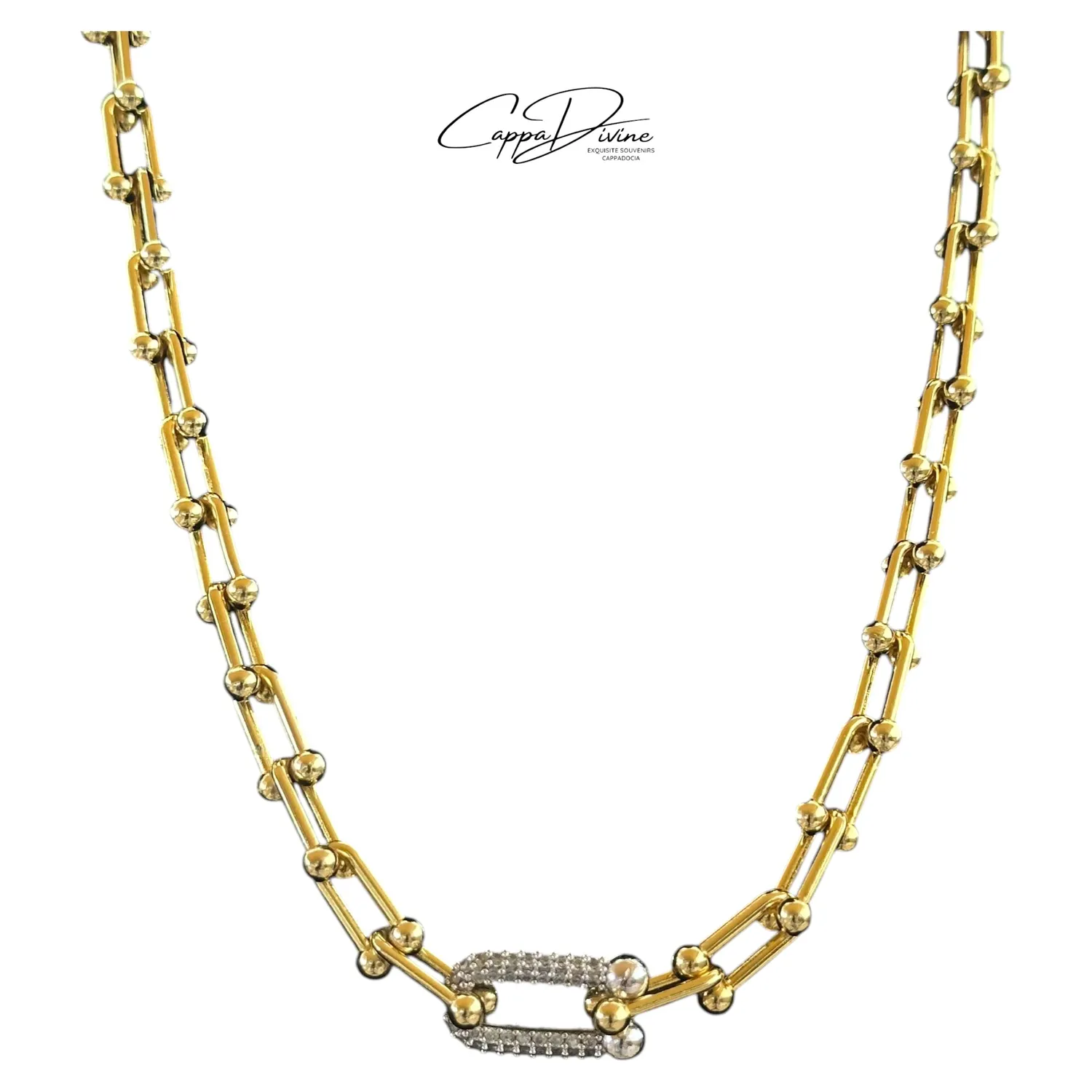 Golden Steel Necklace – Link Design with Crystal Engravings
