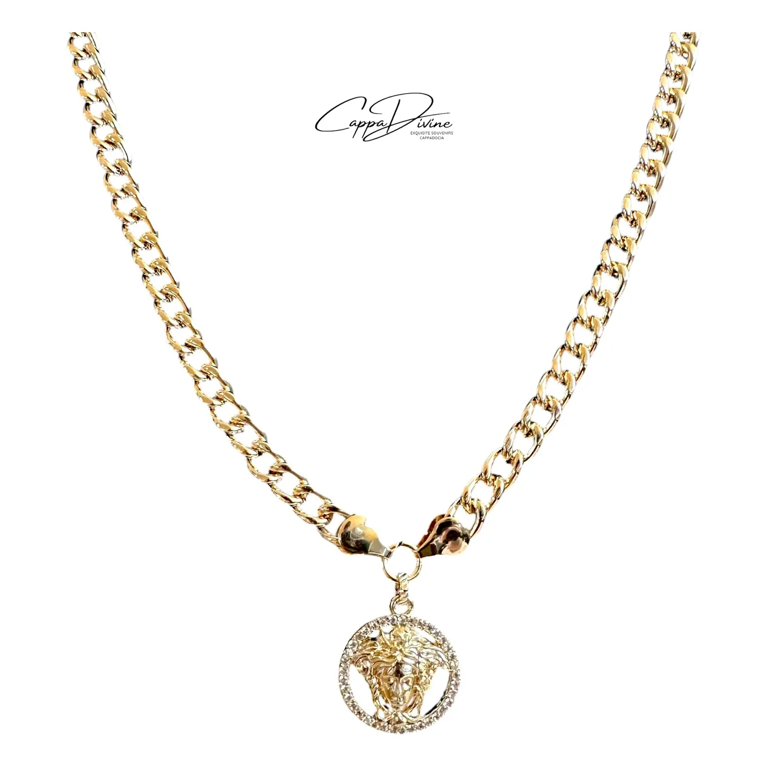 Golden Steel Necklace – Medusa With Crystal Engravings
