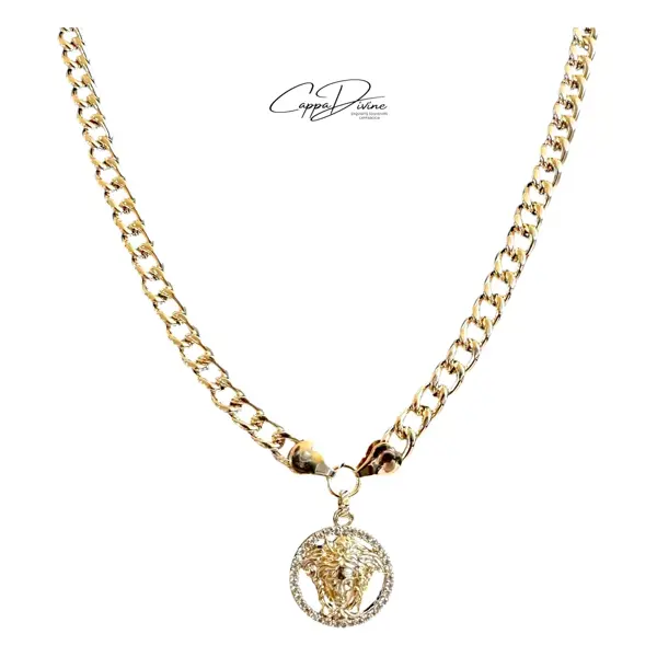 Golden Steel Necklace – Medusa With Crystal Engravings