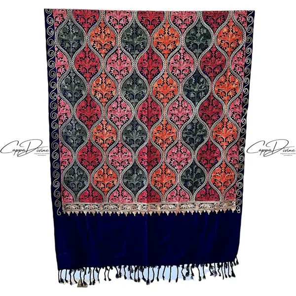 Turkish Cashmere Scarf with Suzani Embroidery of Damask Pattern