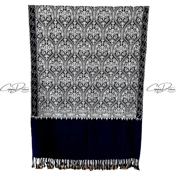 Turkish Cashmere Scarf with Suzani Embroidery of Damask Pattern