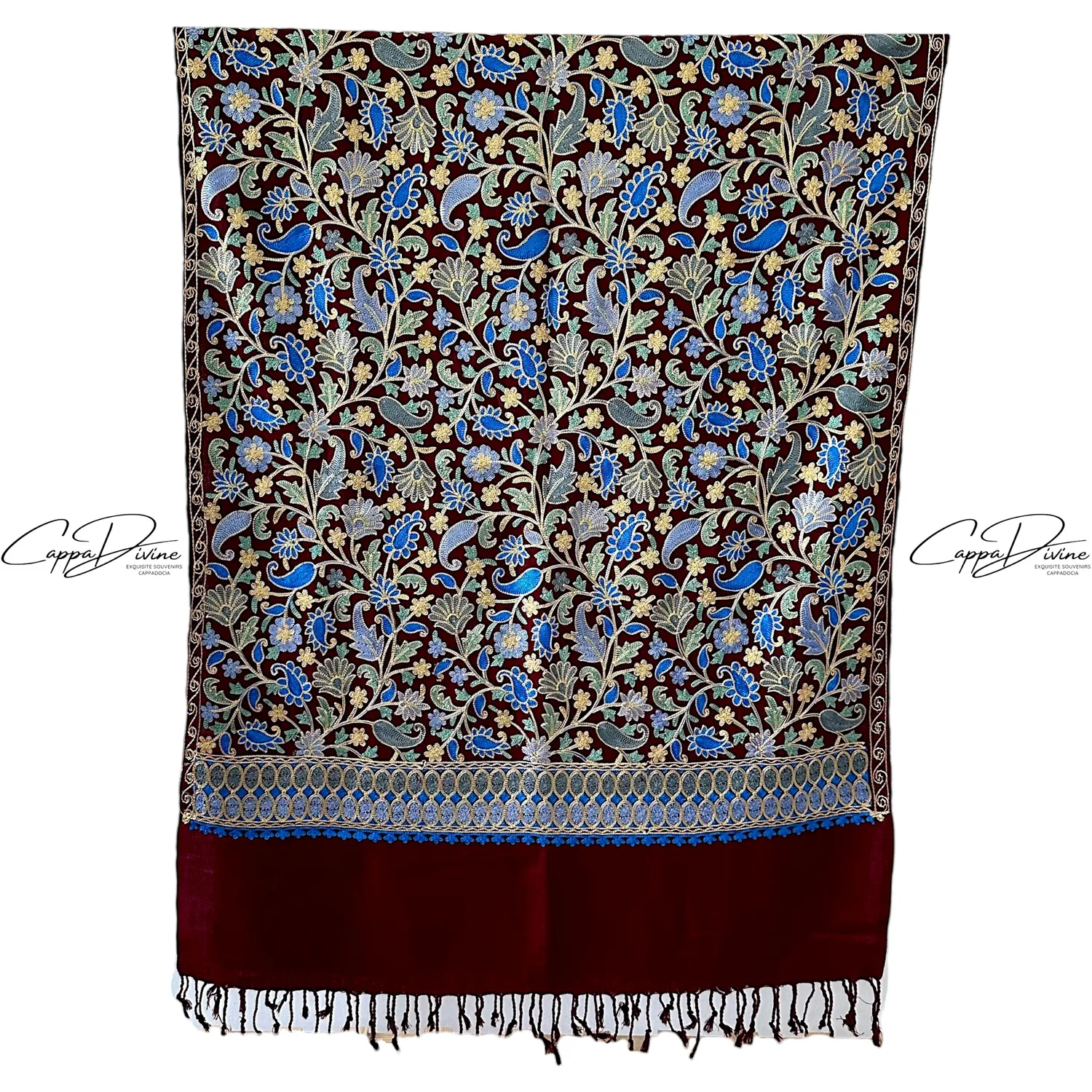 Turkish Cashmere Scarf with Suzani Embroidery of Paisley Pattern
