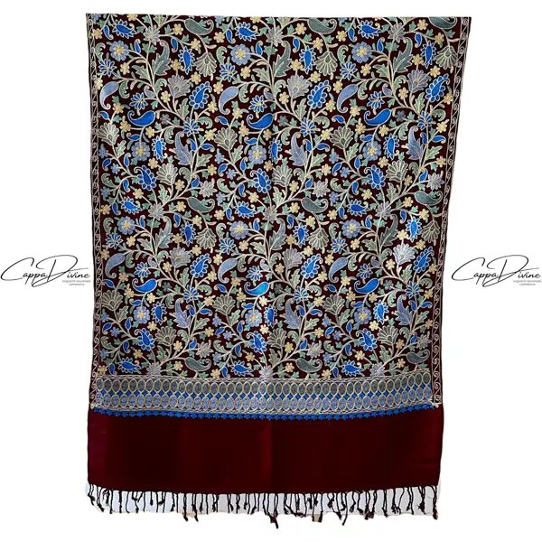 Turkish Cashmere Scarf with Suzani Embroidery of Paisley Pattern