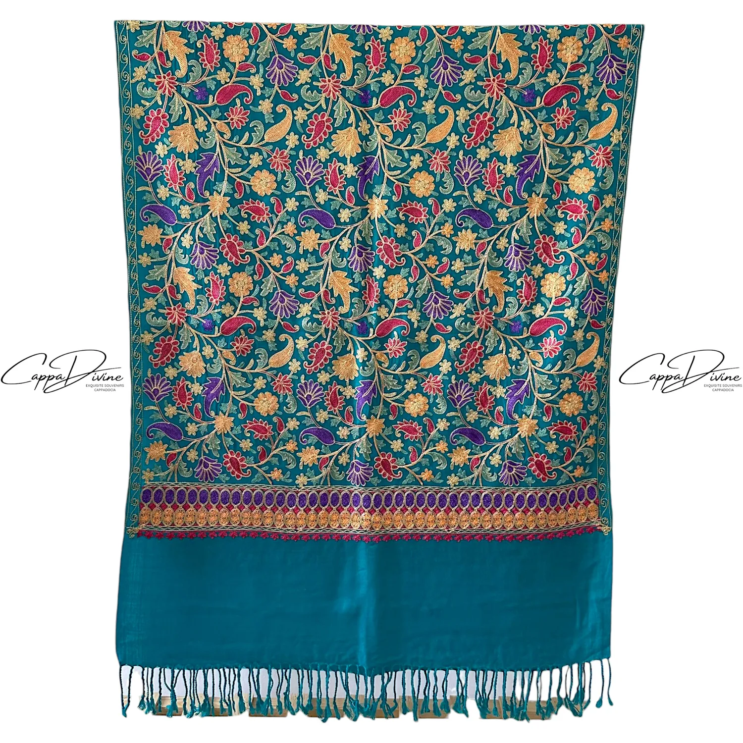Turkish Cashmere Scarf with Suzani Embroidery of Paisley Pattern